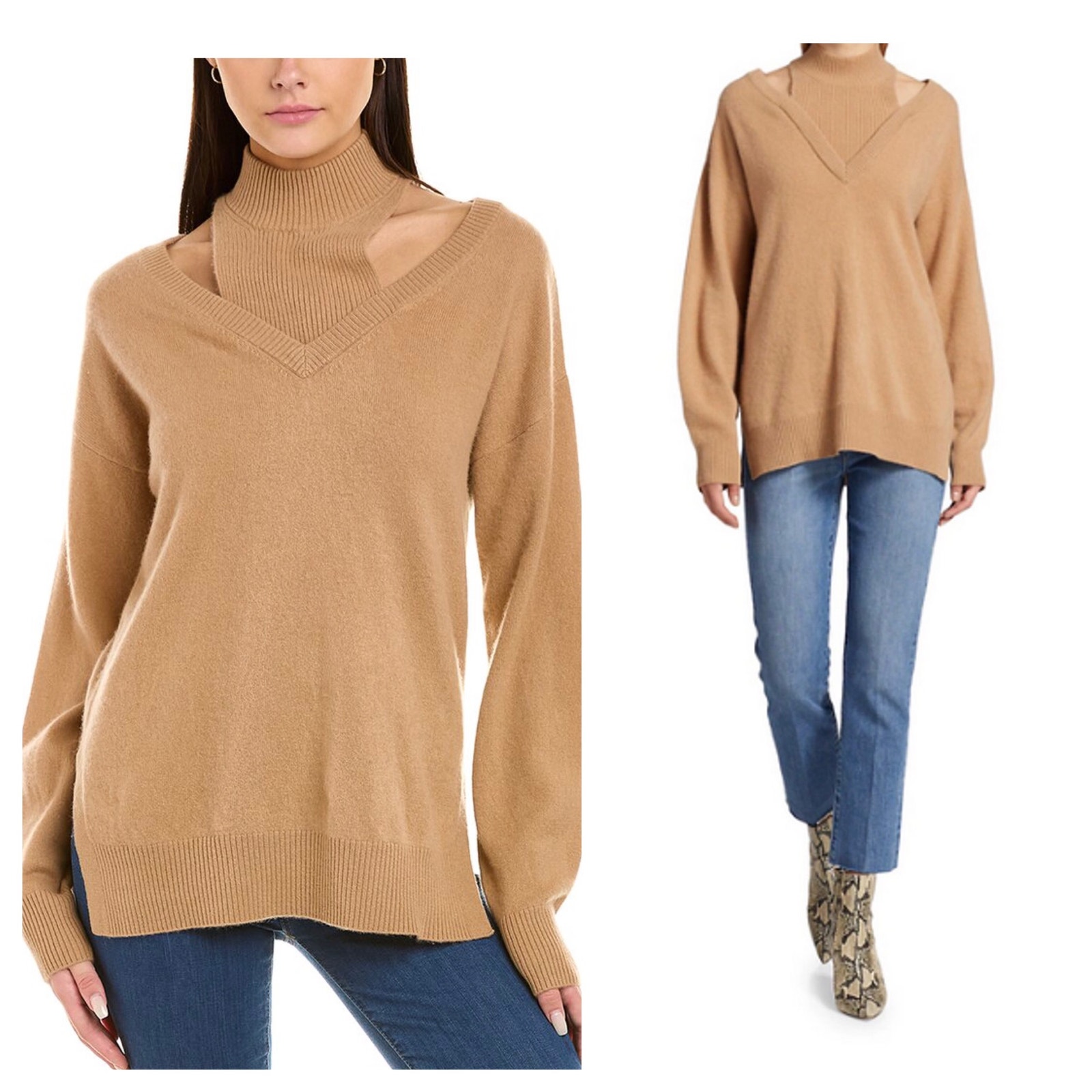Naadam Cashmere Cutout Turtleneck Sweater Medium Tan Cozy Relaxed Oversized